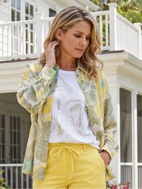 L/XL GERRY WEBER Button up/ Cover Up LIGHTWEIGHT Cotton FLORAL side slits
